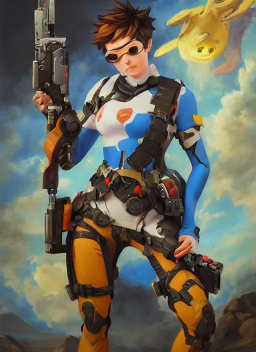 Image similar to oil painting of tracer overwatch full figure in the style of sophie anderson,