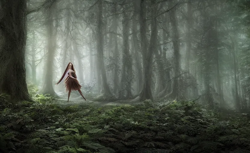 Image similar to a joyful fairy princess, in a dark forest, telephoto, cool tones, underexposed, overecast, mysterious matte painting by greg rutkowski and marc simonetti and ivan shishkin, 4 k