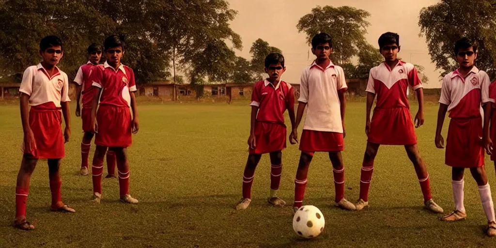 Prompt: kerala school boys playing football wearing girls dresses posing for a photo, an epic fantasy, dramatic lighting, cinematic, establishing shot, extremely high detail, photorealistic, cinematic lighting, artstation, matte painting by christopher nolan, horizon forbidden west