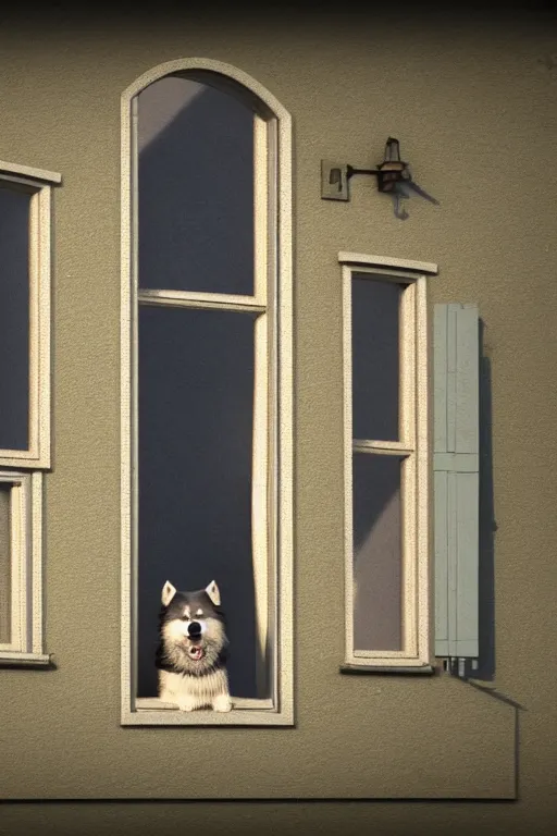 Prompt: happy finnish lapphund dog wearing a crown at house window. pixar disney 4 k 3 d render funny animation movie oscar winning trending on artstation