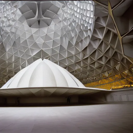 Image similar to interior of a futuristic lotus temple space station with gold, red and white marble panels, by buckminster fuller and syd mead, intricate contemporary architecture, photo journalism, photography, cinematic, national geographic photoshoot