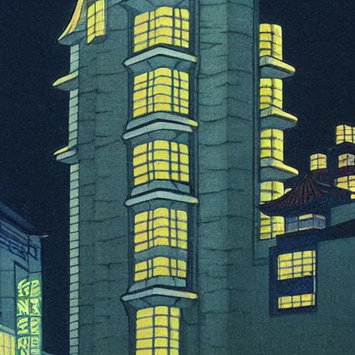 Prompt: a picture of a building that is lit up at night, an art deco painting by yoshida hanbei, spirited away, hayao miyazaki, pinterest, 1 9 9 0 s, 1 9 7 0 s
