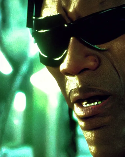 Image similar to film still close up shot of dwayne johnson as morpheus from the movie the matrix. photographic, photography