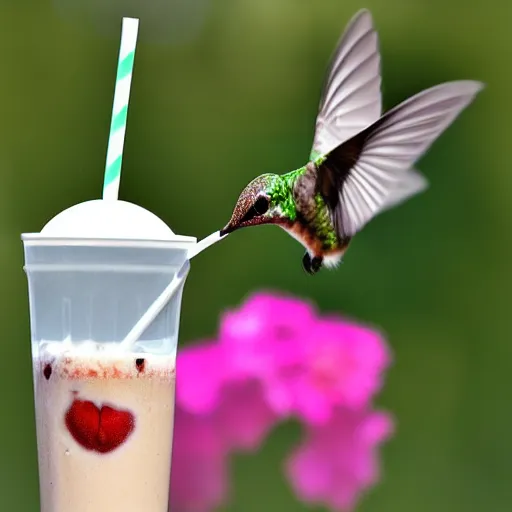 Image similar to photograph, a hummingbird drinking a milkshake from a straw, cherry on top