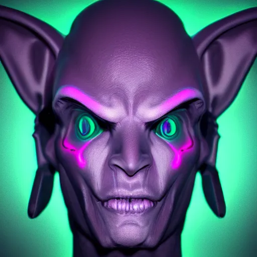 Image similar to synthwave demonic grey alien face with neon horns, detailed face, sharp focus, synthwave art, aesthetic, octane render, raw, cinematic