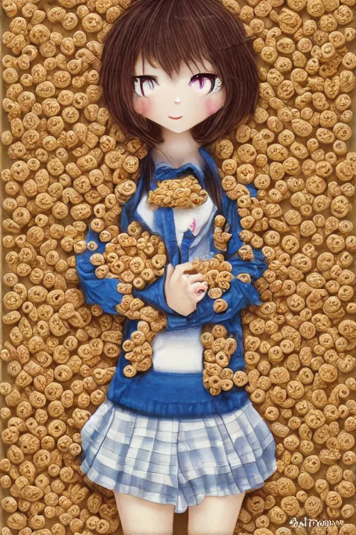 Prompt: cereal-chan, girl made out of cereal, intricate detail, character illustration by tatsuki fujimoto