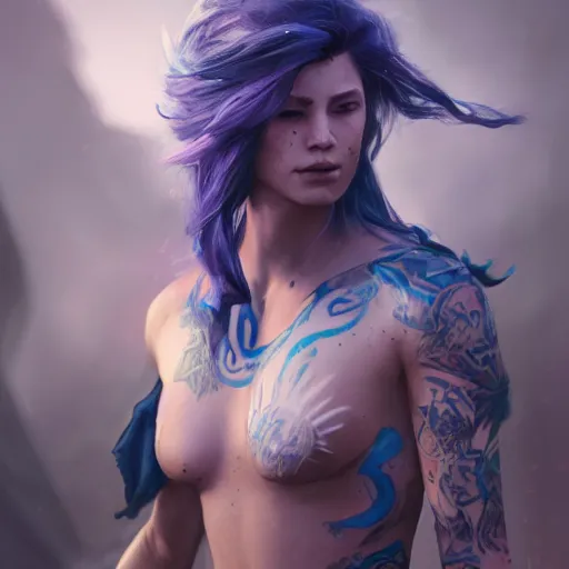 Image similar to a beautiful action portrait of an Atlantis princess, violet hair, blue-fabric, tattoos, by Greg Rutkowski and Raymond Swanland, Trending on Artstation, ultra realistic digital art