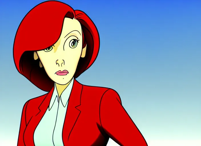 Prompt: a shaded animation cel of dana scully, sharp detail, realistic anatomy, in the style of western cartoons, by don bluth, filmation, toei animation, studio trigger, studio ghibli, 5 k, artstation trending