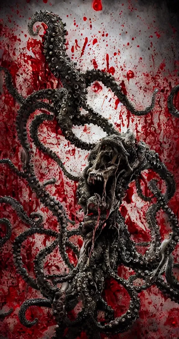 Prompt: very terrifying cenobite cephalopod Lovecraftian demon splattered with blood, long sharp teeth, full body portrait showing entire scary monster, barbed wire, neo-expressionistic, maximalist, horror monster masterpiece, trending on DeviantArt, 4K resolution, dark cinematic, hyperrealism, octane render, volumetric lighting, ultra-detailed, chiaroscuro, dark blue ocean background, deep underwater, in the style of Giger and Ralph Steadman and Da Vinci,