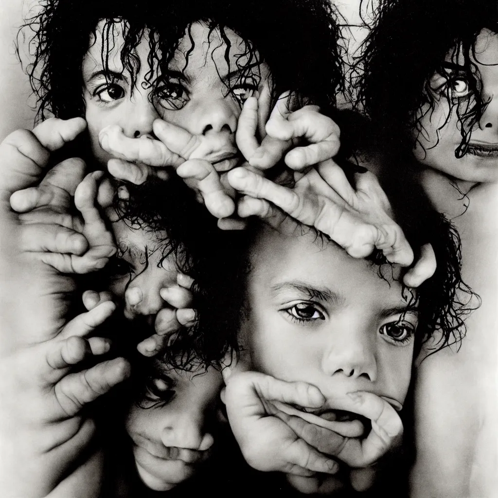 Prompt: award winning photo of michael jackson smelling children, vivid colors, happy, symmetrical face, beautiful eyes, studio lighting, wide shot art by Sally Mann & Arnold Newman