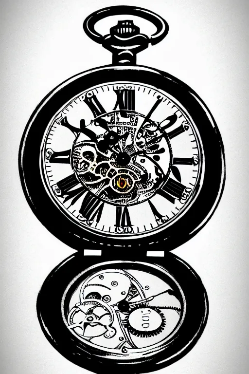Prompt: steampunk pocket watch, high details, bold lineart, by vincent di fate, inking, black and white screen print, trending on artstation, sharp, high contrast, hyper - detailed, photo realism, hd, 4 k, 8 k