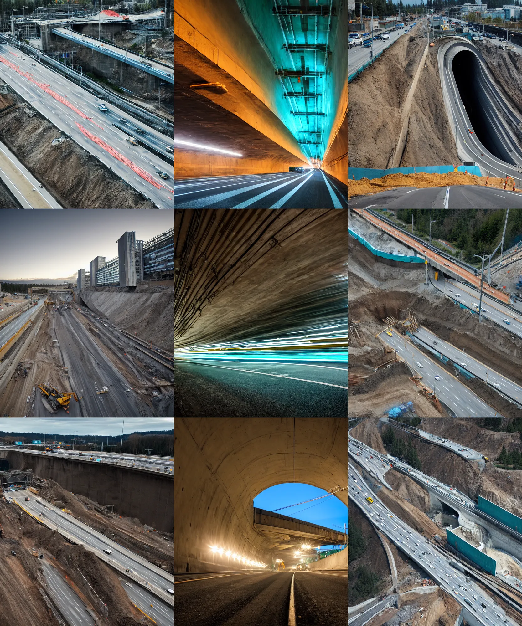 Prompt: establishing shot of roadway tunnel construction, an apartment building directly above the tunnel construction, large highway entering the tunnel, wide establishing shot, dark teal lighting, soft dramatic lighting, sharp focus, 4 k digital camera