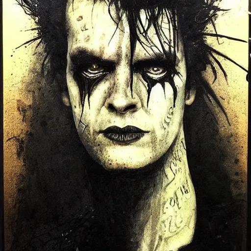 Image similar to stunning portrait of gaunt sid vicious a ( the cure fan ) as dream from sandman, dim stars as eyes, by jeremy mann, by cedric peyravernay, by by russ mills, by richard avedon and ben templesmith, dramatic lightning, sadness, dark eye sockets, in the shadows, punk rock, gothic, high detailed, 8 k