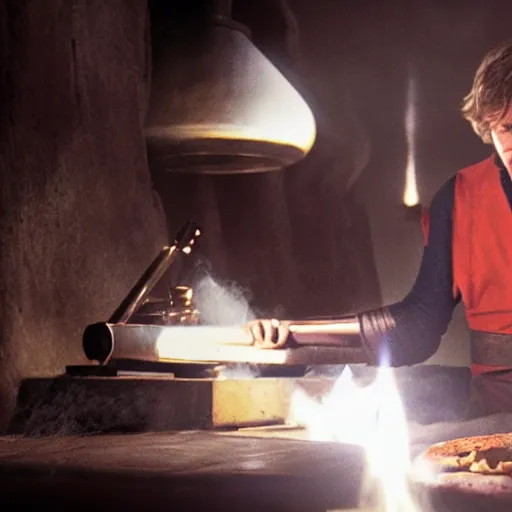 Image similar to A still of Luke Skywalker making a pizza, 4k, photograph, ultra realistic, highly detailed, professional lighting