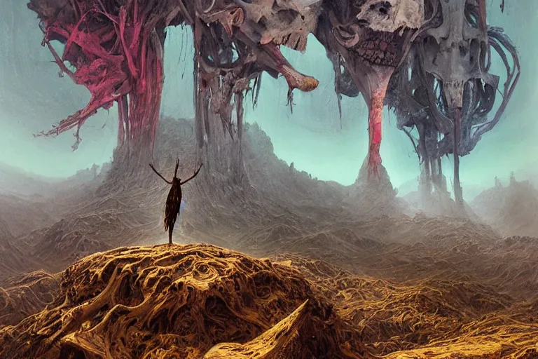 Image similar to prophecy, vivid colors, hallucination, amazing concept painting by Jessica Rossier and HR giger and Beksinski, the middle of a valley, it was full of bones, bones that were very dry, there was a noise, a rattling sound, and the bones came together, bone to bone , I looked, and tendons and flesh appeared on them and skin covered them, but there was no breath in them and breath entered them, they came to life and stood up on their feet a vast army