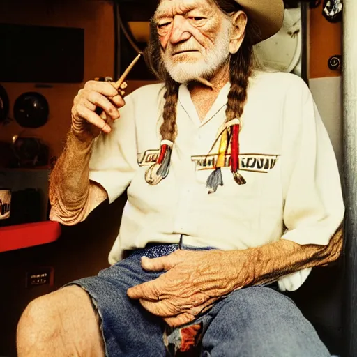 Image similar to willie nelson having a smoke in his trailer.