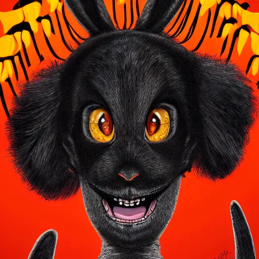 Image similar to A extremely highly detailed majestic hi-res beautiful, highly detailed head and shoulders portrait of a scary terrifying, horrifying, creepy black cartoon rabbit with scary big eyes, laughing and standing up wearing pants and a shirt in the style of Walt Disney