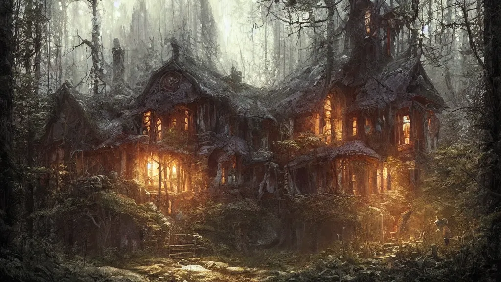 Image similar to a magical house in a forest, high detail, digital art, painted by greg rutkowski, painted by seb mckinnon, trending on artstation