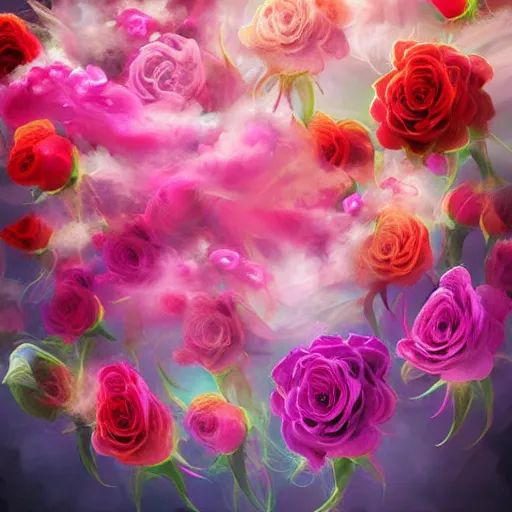 Prompt: Roses made of colorful smoke, digital art, award winning, artstation,