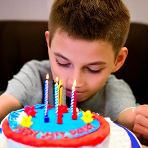 Image similar to a 7 year old blowing out the candles on his birthday cake