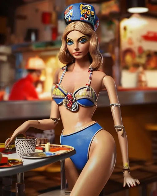 Prompt: highly detailed closeup, face profile portrait of a tin toy cara delevigne as a waitress in a diner, bikini, depth of field, fashion photoshoot by dan decarlo, breathtaking, detailed and intricate environment, 8 k resolution, hyperrealistic, octane render