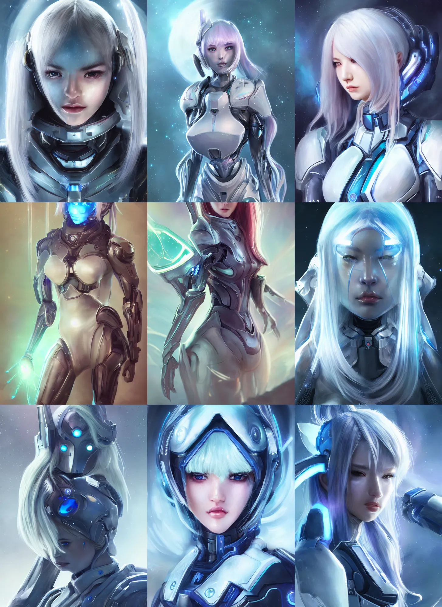 Prompt: perfect android girl, warframe armor, beautiful face, scifi, futuristic, galaxy, nebula, bae suzy, dreamy, long white hair, blue cyborg eyes, cinematic lighting, highly detailed, very cute, focused, artstation, divine, by gauthier leblanc, kazuya takahashi, huifeng huang, jama jurabaev