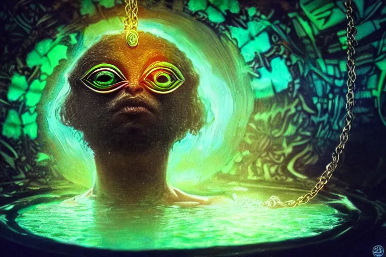 Prompt: psychedelic pepe with trinket necklace, epic angle and pose, reflective pool, symmetrical artwork, ayahuasca, translucent, fungus, energy flows of water and fire, highly detailed, epic cinematic concept art, excellent composition, dystopian brutalist atmosphere, dynamic dramatic lighting, aesthetic, very inspirational, arthouse, Greg Rutkowski, Artgerm