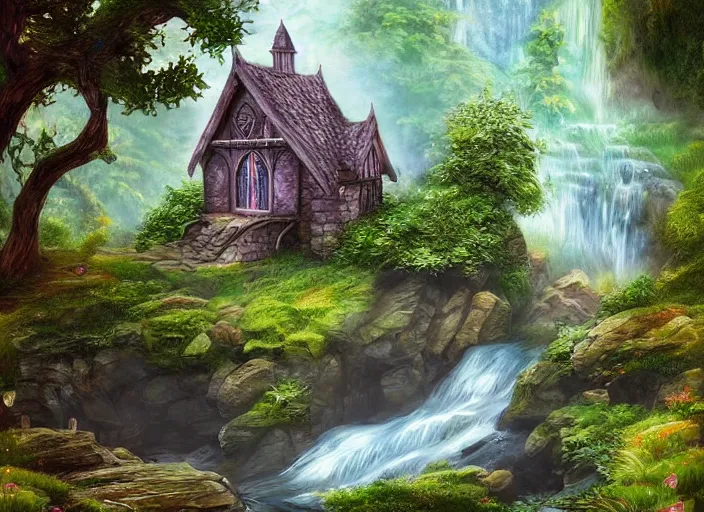 Prompt: A beautiful Elvish house near a waterfall with trees and grass, fantasy, detailed, digital painting, soft lighting, warm colours