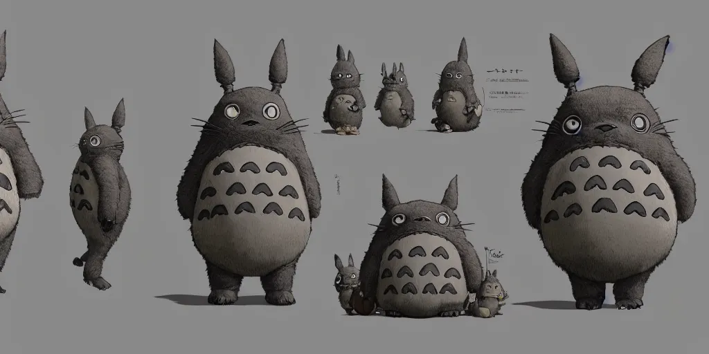 Image similar to totoro, character sheet, concept design, contrast, hot toys, kim jung gi, greg rutkowski, zabrocki, karlkka, jayison devadas, trending on artstation, 8 k, ultra wide angle, pincushion lens effect