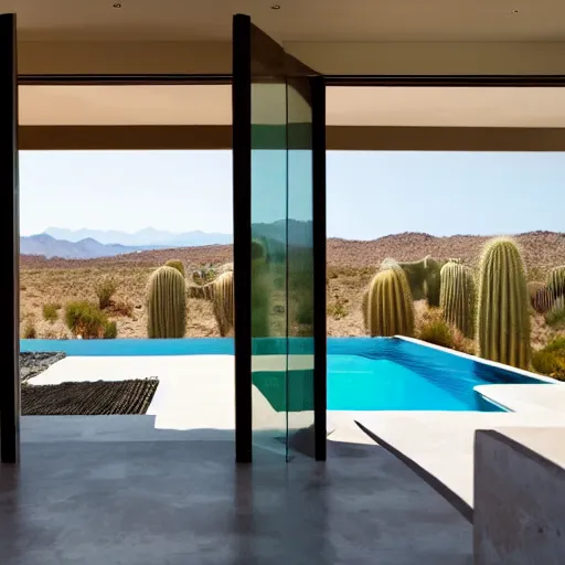 Image similar to modern desert pavlion interior looking out of large pivoting doors into expansive pool and vista with cacti