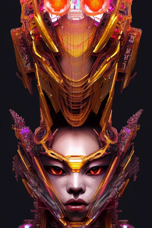 Image similar to asura from chinese myth, ghost, gorgeous and huge head ornaments, dystopian, cyberpunk, organic fractal mycelum and fungi, mecha, halfturn portrait of a big crystal face made of crystals half - turn, ominous, intricate, studio, art by anthony macbain + greg rutkowski + alphonse mucha, concept art, 4 k, sharp focus