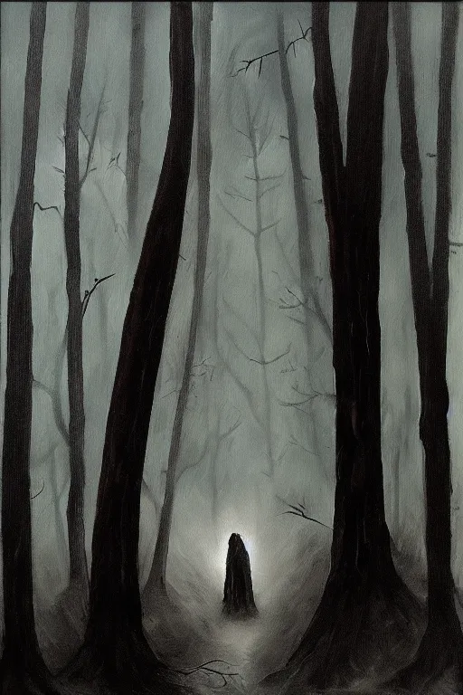 Image similar to dark and spooky woods featuring a menacing werewolf silhouette. atmospheric, foggy, oil painting on canvas. fairytale