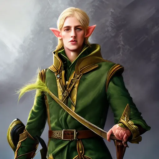 Prompt: Portrait of a Handsome blonde elven ranger in green jacket wielding two crossbows. ArtStation, Fantasy, 8K, Highly Detailed.