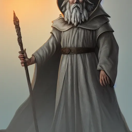 Prompt: grey wizard standing on a hill, robes billowing in the wind, rim lighting from sunrise, epic and whimsical, highly detailed, trending on artstation, holding gnarled wooden staff