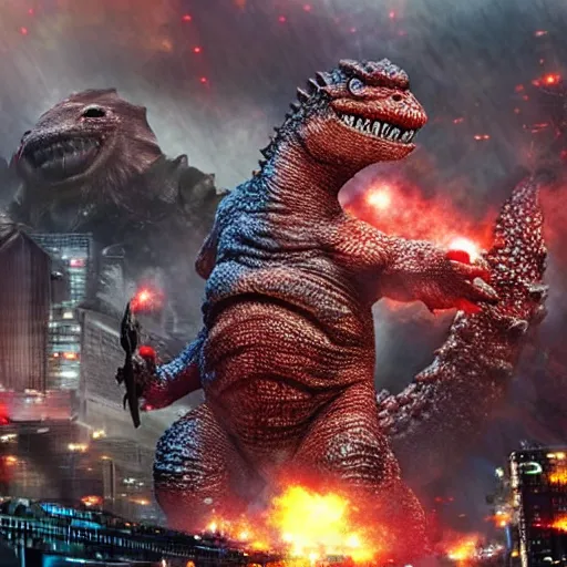 Image similar to Dwarf Godzilla destroys Tokyo, a super detailed high resolution cinematic scene