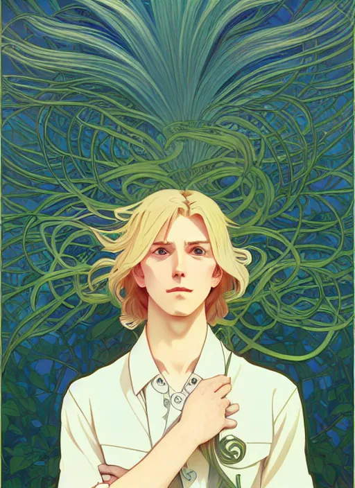 Image similar to pretty young man with shoulder length blond hair, male, half body shot, path traced, highly detailed, high quality, digital painting, by studio ghibli and alphonse mucha, leesha hannigan, hidari, art nouveau, chiho aoshima