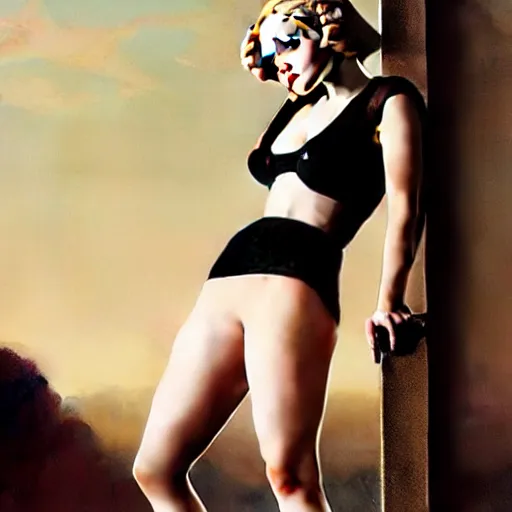 Image similar to annasophia robb in a war world II, stockings, looking seductively attire by Greg Rutkowski, John Singer Sargent, Bryan Lee O'Malley, Edward Hopper