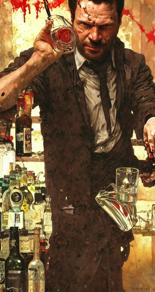 Image similar to close up of bloodied max payne pouring a drink, sun shining, photo realistic illustration by greg rutkowski, thomas kindkade, alphonse mucha, loish, norman rockwell.