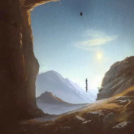 Prompt: derelict spacecraft sticking out from a mountain, painted by Raphael Lacoste