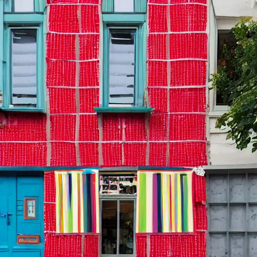 Prompt: facade covered by colorful fabric