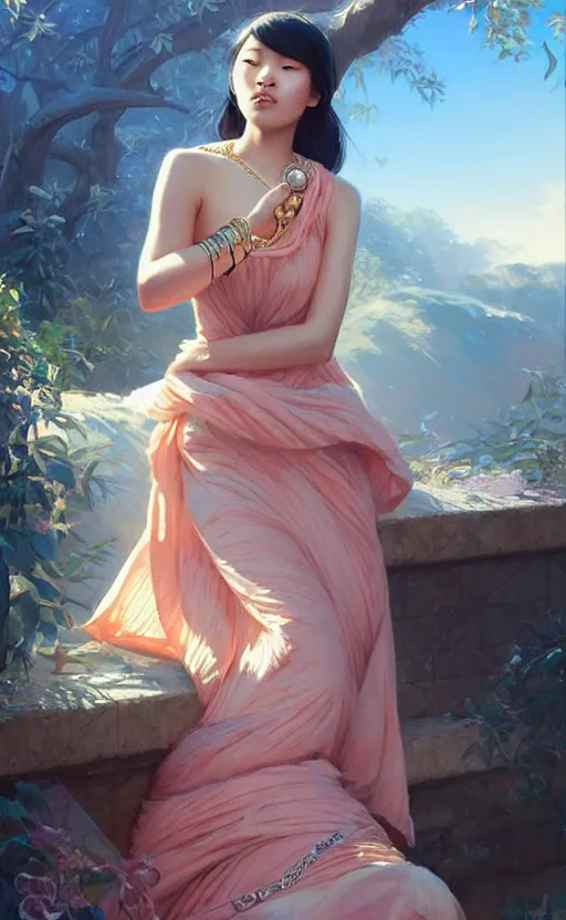 Prompt: a beautiful young charming asian goddess with sundress and jewelry | | winter, realistic shaded, unpleasant face, good looking, fine details, dior, lv, realistic shaded lighting poster by greg rutkowski, macoto takahashi, magali villeneuve, artgerm, jeremy lipkin and michael garmash