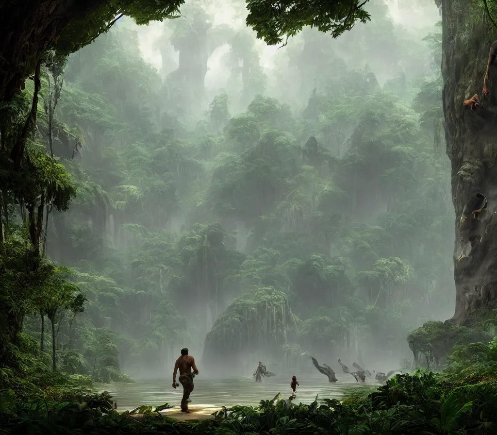 Prompt: matte painting of bigfoot in rain forest, large dinosaurs in background, style by thomas cole and greg rutkowski and ross tran, global illumination, unreal engine!!!