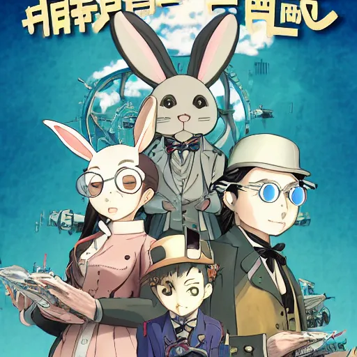 Prompt: film still Mechancial Bunny, a steampunk anime about scientists creating a mechanical bunny, art by Dice Tsutsumi, Makoto Shinkai, Studio Ghibli, playstation 2 printed game poster cover, cover art, poster, poster!!!