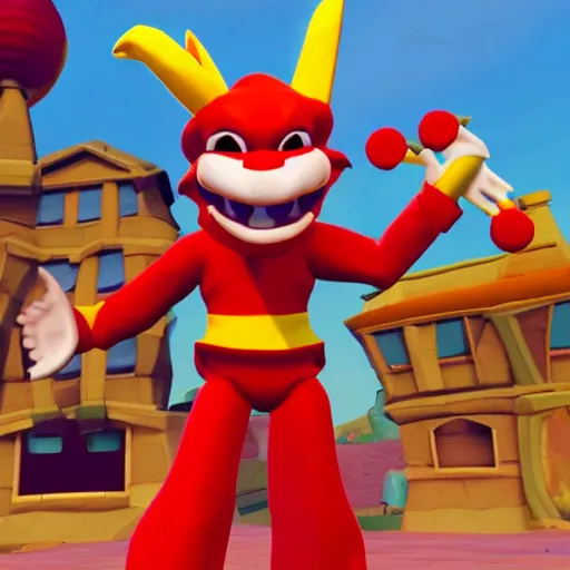 Image similar to image of ronald mcdonald, red afro, red nose and yellow outfit as an enemy in spyro the dragon video game, with low poly playstation 1 graphics, upscaled to high resolution