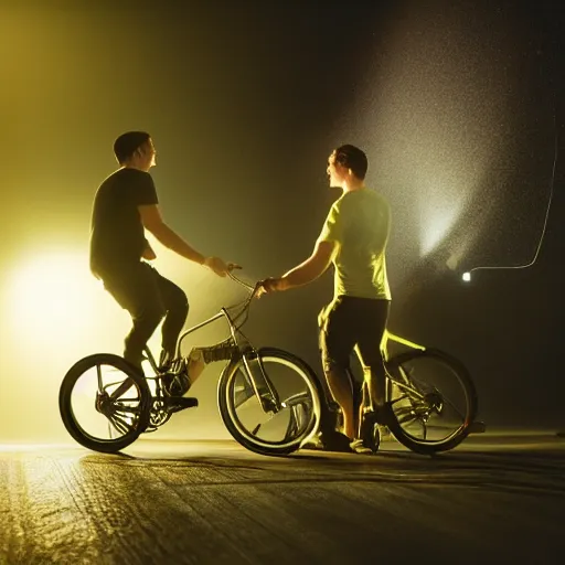 Image similar to two guys using one bicycle as a stroboscope in front of an audience, techno, foggy, dark, intense, rendering, high details