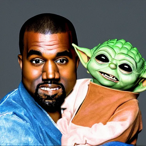 Prompt: kanye west smiling and holding yoda yoda for a 1 9 9 0 s sitcom tv show, studio photograph, portrait