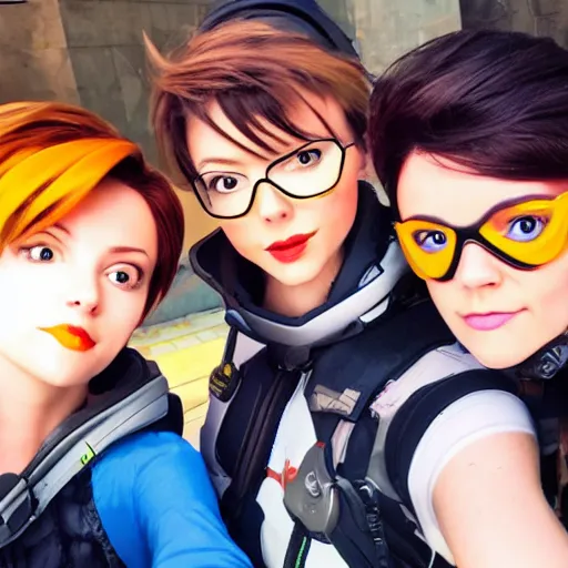 Image similar to tracer from overwatch smartphone selfie with friends