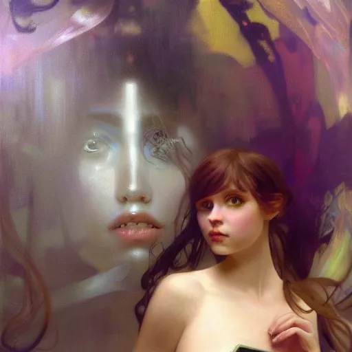 Image similar to hyperrealist portrait of a pretty young gynoid with large eyes and long hair standing in front of a computer simulation by jeremy mann and alphonse mucha, fantasy art, photo realistic, dynamic lighting, artstation, poster, volumetric lighting, very detailed faces, award winning