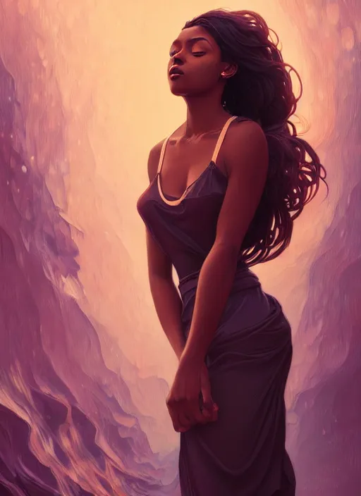 Image similar to handsome young black women with shoulder length brown hair, half body shot, path traced, highly detailed, high quality, digital painting, alena aenami, lilia alvarado, shinji aramaki, karol bak, alphonse mucha, tom bagshaw