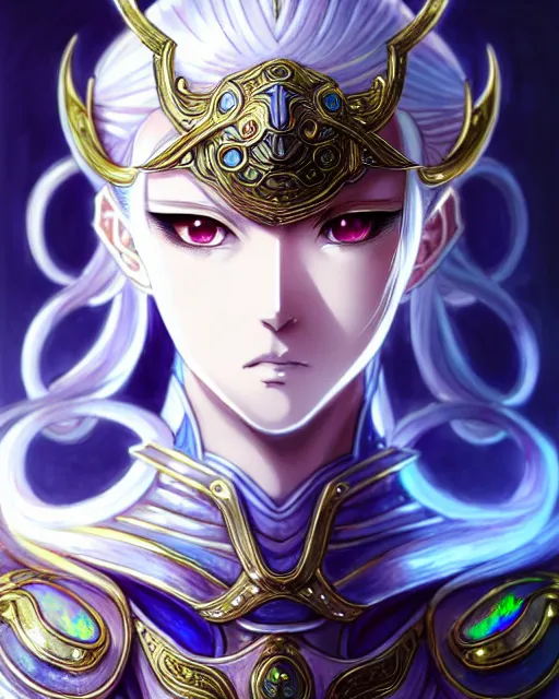 Image similar to anime portrait of an iridescent opal cyborg shinobi, intricate ornate details, morandi color scheme, fantasy, elegant, highly detailed, wide angle, digital painting, artstation, concept art, smooth, sharp focus, illustration, wallpaper, dynamic pose, splash art, league of legends, art by artgerm and greg rutkowski and bo chen and jin xiaodi